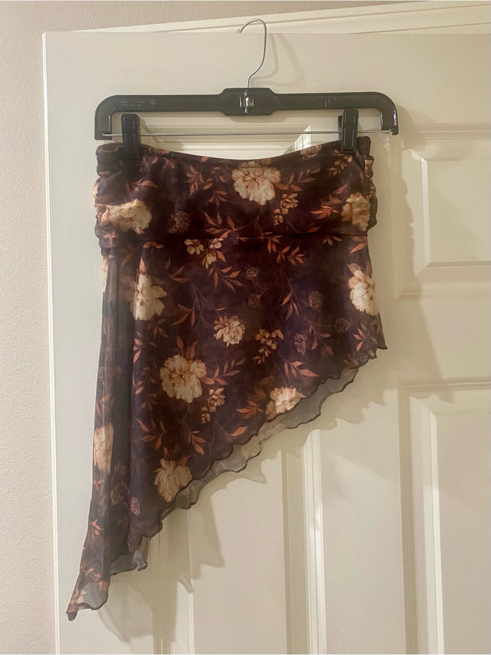 Asymmetrical Floral Chiffon Top in Deep Brown Floral